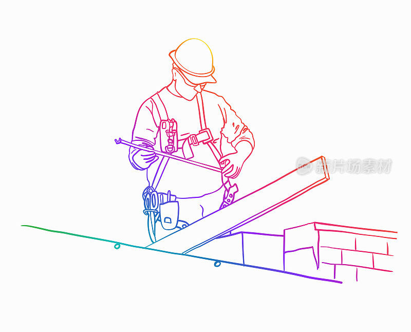 建筑工人在阳光明媚的彩虹日工作