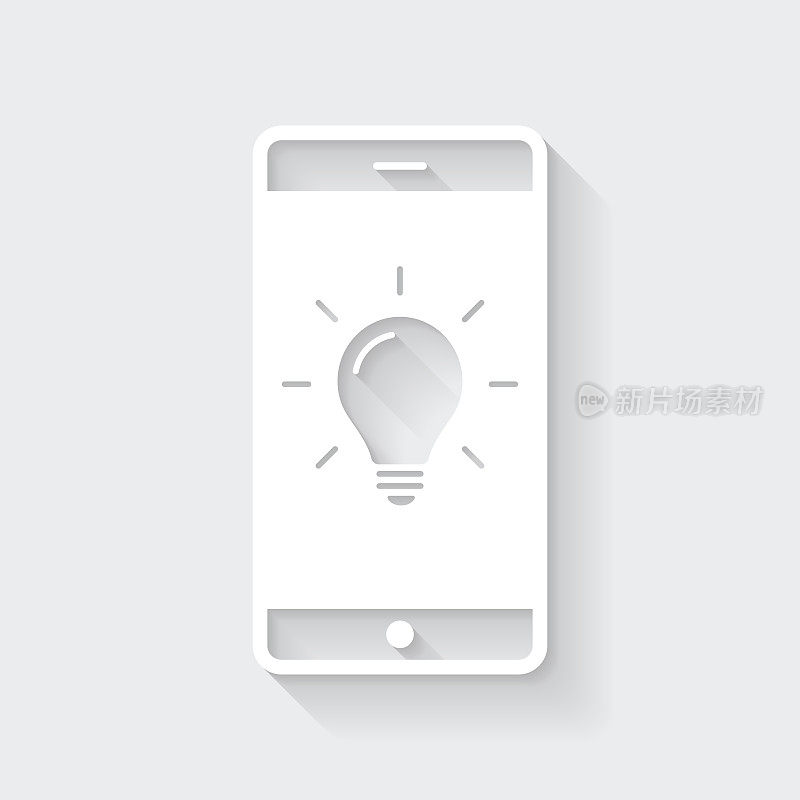 带灯泡的智能手机。图标与空白背景上的长阴影-平面设计