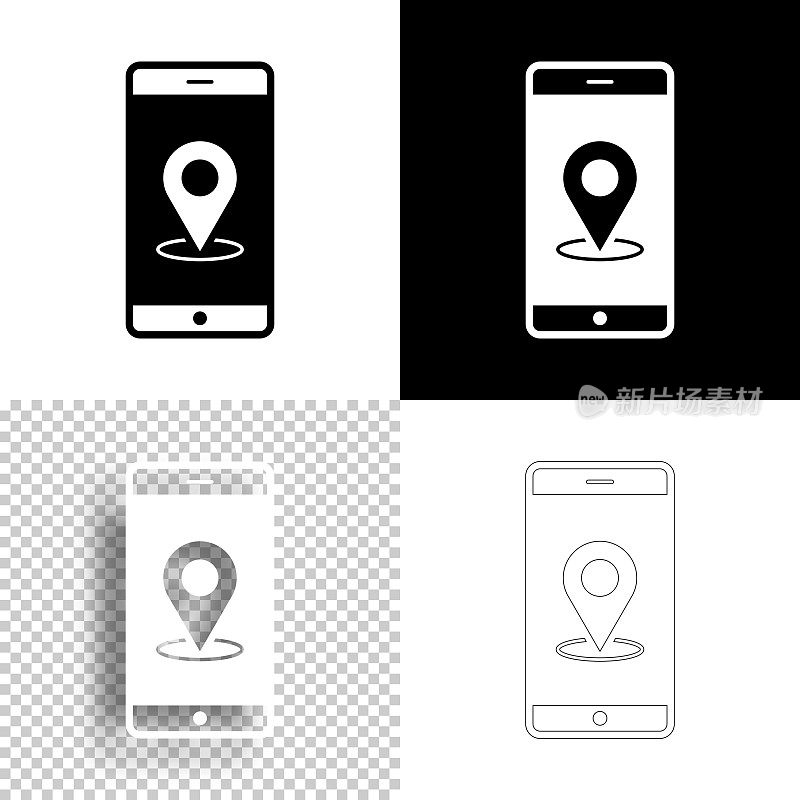 带有定位针的智能手机。图标设计。空白，白色和黑色背景-线图标