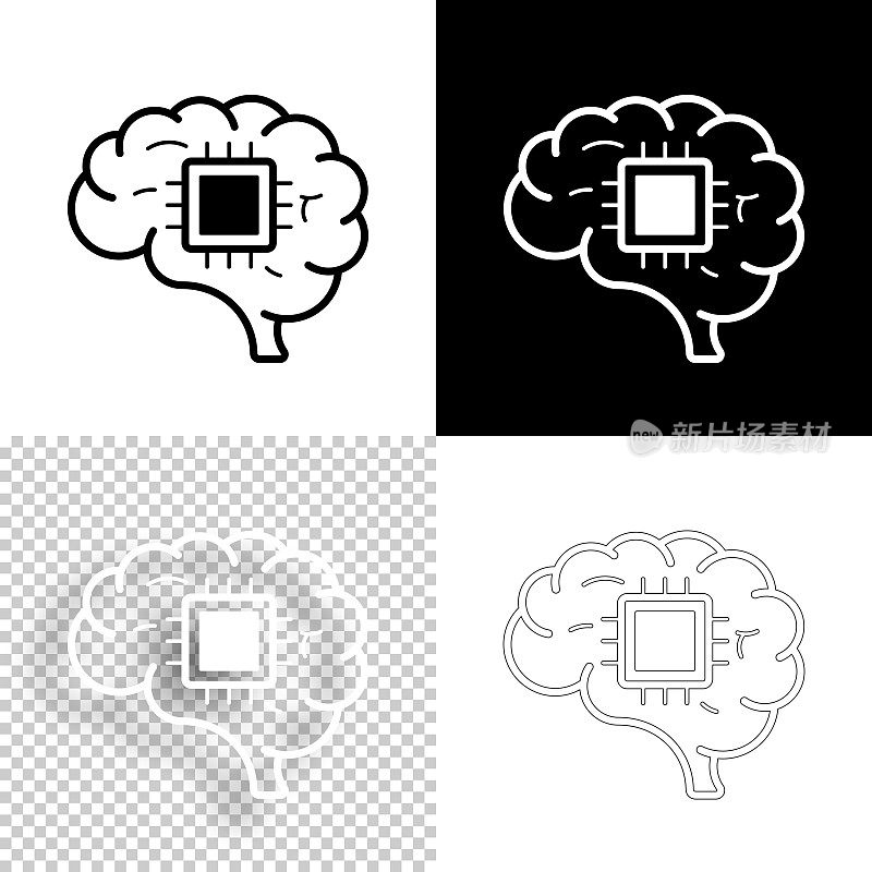 大脑植入芯片。图标设计。空白，白色和黑色背景-线图标