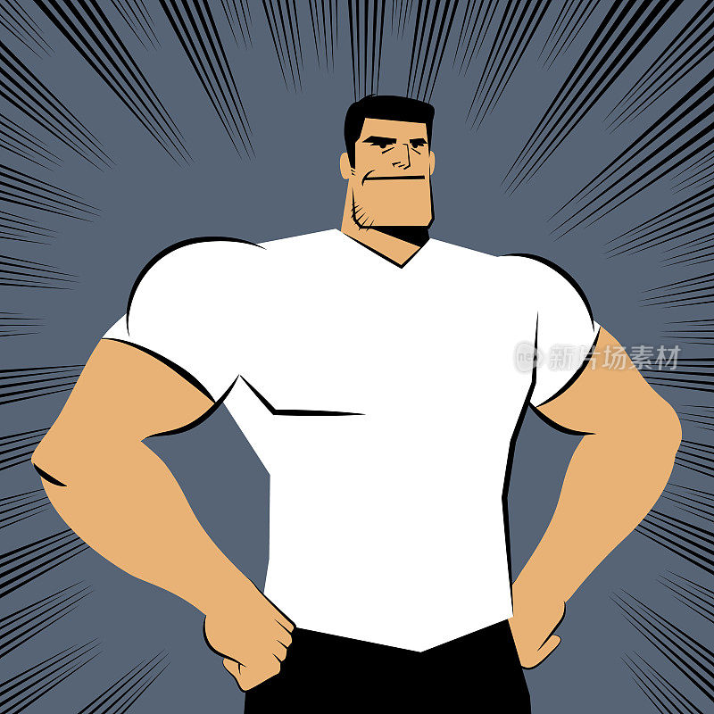 一个强壮的男人微笑着站着，拳头放在臀部，漫画效果线条的背景