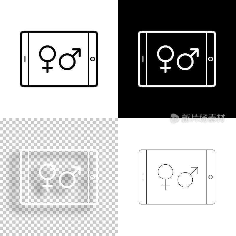带有性别符号的平板电脑。图标设计。空白，白色和黑色背景-线图标