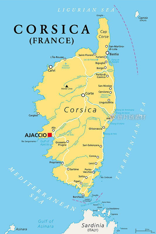 科西嘉岛，政治地图，法属岛，撒丁岛北部，首都阿雅克肖