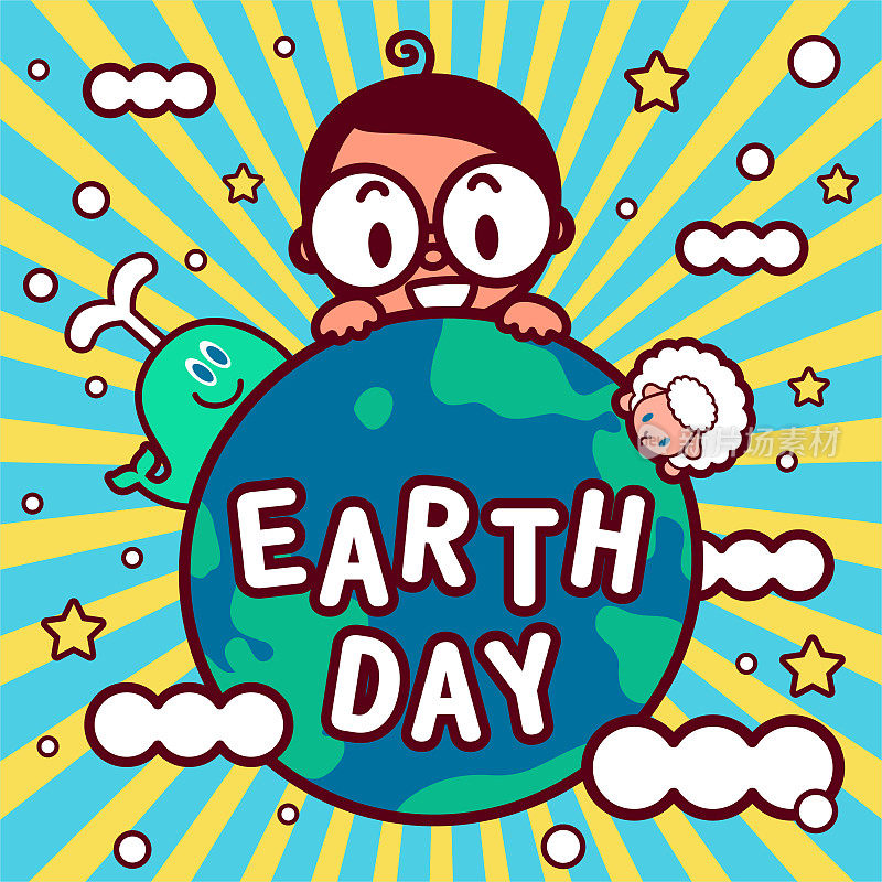 一个戴着眼镜的可爱男孩拥抱着地球和动物，庆祝地球日