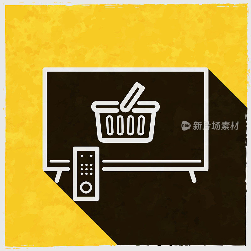 电视和购物篮。图标与长阴影的纹理黄色背景