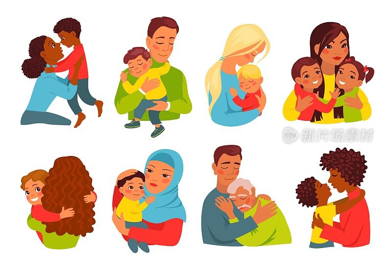 父母拥抱孩子。带着孩子的人们。妈妈或爸爸带着孩子。男孩或女孩拥抱父母。家庭关系。矢量集合的人持有女儿或儿子