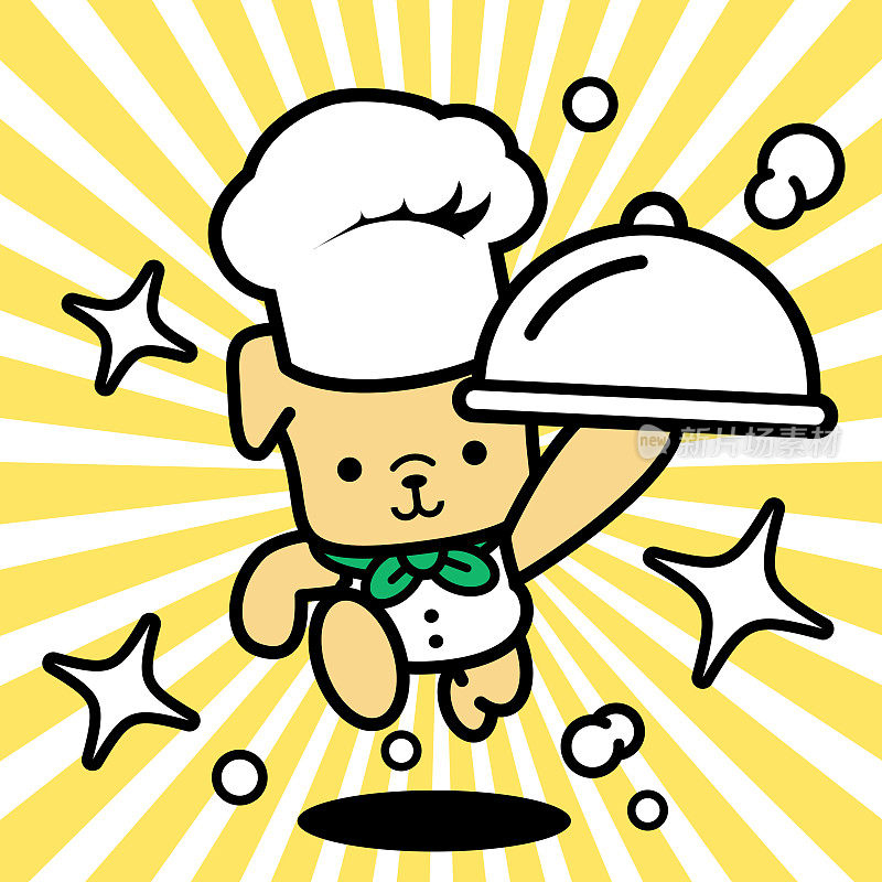 一个戴着厨师帽的可爱的狗厨师端着一个圆顶托盘跑向镜头