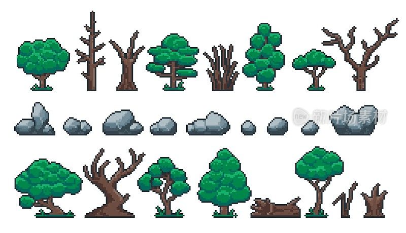 像素植物和石头。复古8位视频游戏精灵的岩石，森林和公园树木，原木，树干和树桩资产。向量独立设置