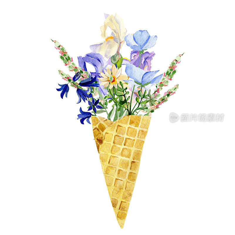 华夫饼蛋筒里的水彩冰淇淋，里面有鸢尾花，野花，野花，野花。夏季插图印刷和贺卡。