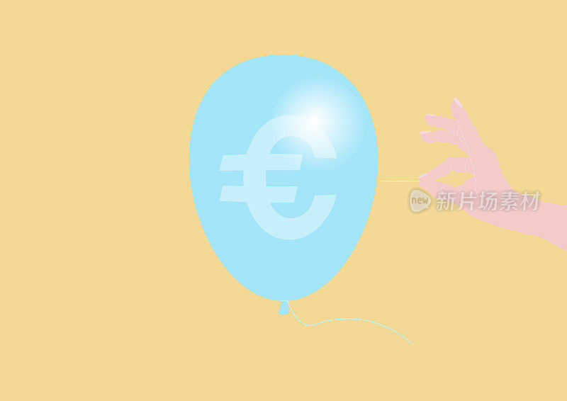 手用欧元符号引爆气球。钱跑了。货币贬值。经济