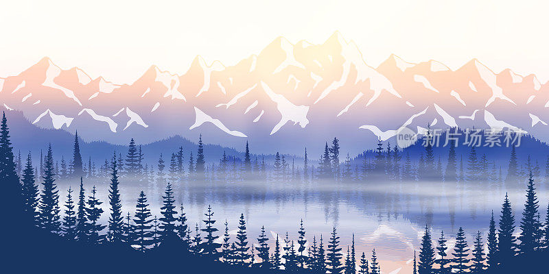 湖上的日落，如画的倒影，山景，全景的山脊和森林在雾中