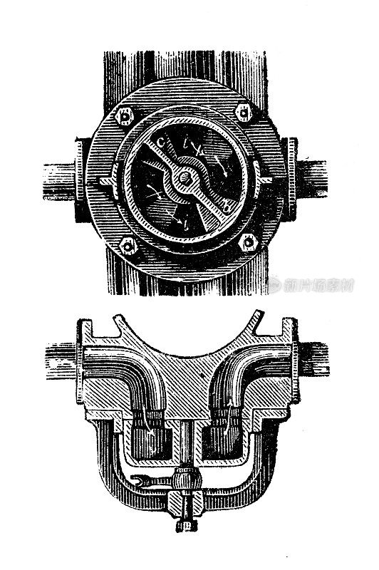 古董插图，应用力学:蒸汽动力机器，阀门