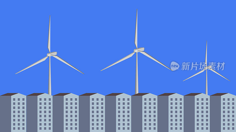 在住宅和工业建筑附近的蓝天背景上的风力发电机。绿色能源的概念。环境保护。高效的能源。生态城市。新的海上风力发电能力。