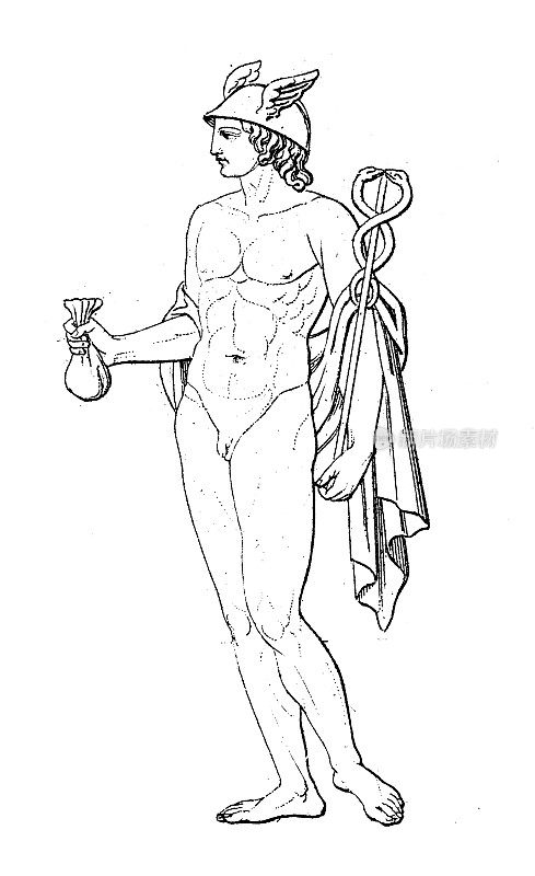 古董雕刻插画，文明:希腊罗马诸神与神话，赫尔墨斯(水星)