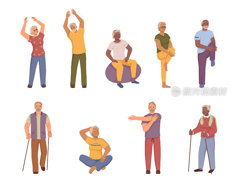 老年人健身运动。高级男人和女人锻炼，健身，瑜伽和健美操的祖母和祖父。矢量插图，平面卡通人物设定