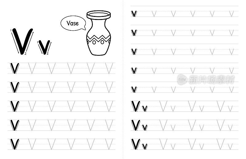 ABC字母追踪儿童书籍内部。孩子们写带有图片的作业纸。高级矢量元素字母V。