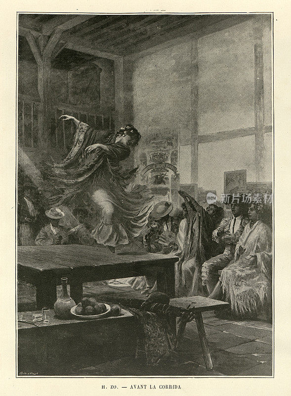 西班牙弗拉门戈舞者，19世纪的西班牙，在酒馆的桌子上跳舞的女人