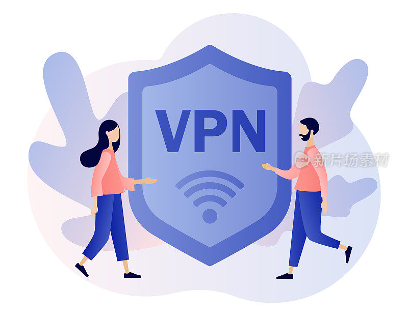 VPN服务标志。虚拟专用网络的概念。网络安全，网络安全，数据保护，远程服务器。现代平面卡通风格。白色背景上的矢量插图