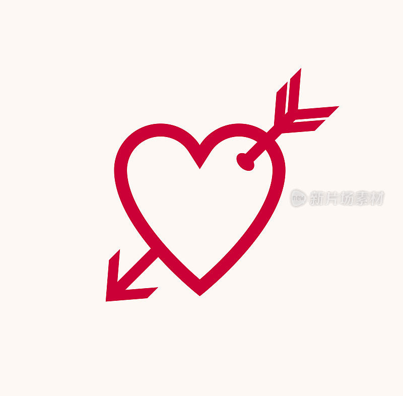 丘比特心与箭矢从弓矢量图标或标志，浪漫的心坠入爱河的概念，情人节主题，被爱的主题。