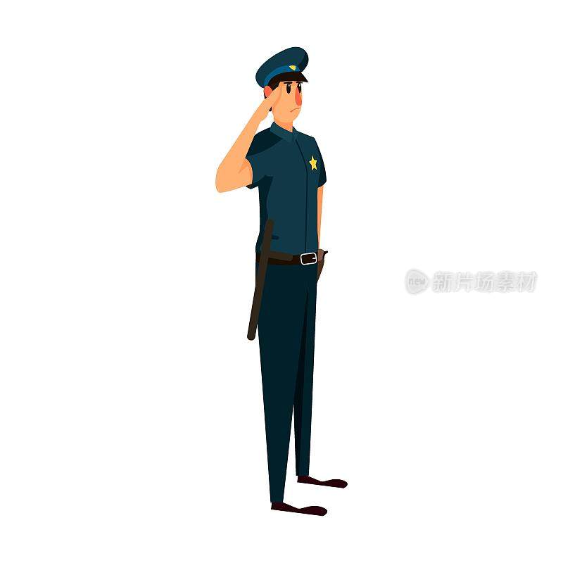 警察角色行军礼。矢量插图的巡逻警官。卡通警察孤立在白色