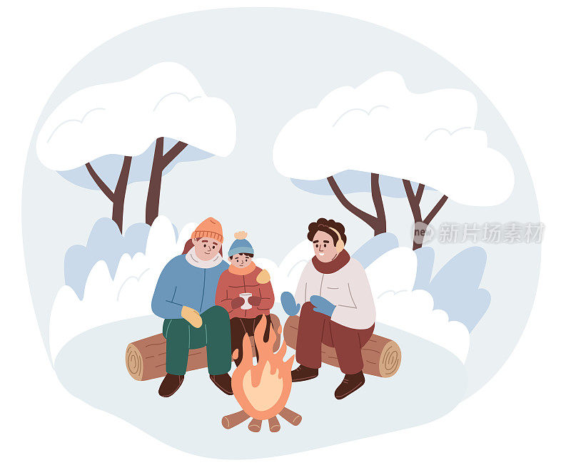 一家人坐在外面的火炉旁。父亲，母亲，孩子在冬天的户外度过时光。冬季活动。寒冷天气里的温暖。平面卡通矢量插图。