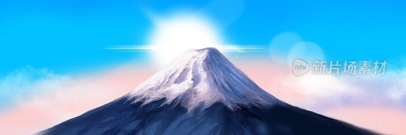 宽尺寸景观插图，新年的第一个日出和美丽的日本富士山在白色背景