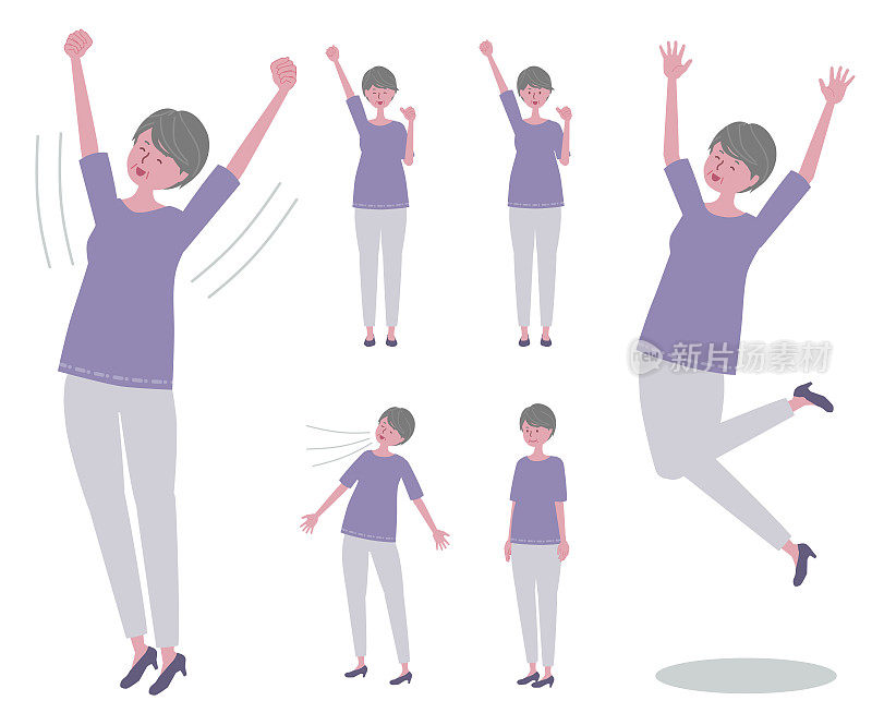 高级女性插画套装(伸展、跳跃、深呼吸、举起一只手)