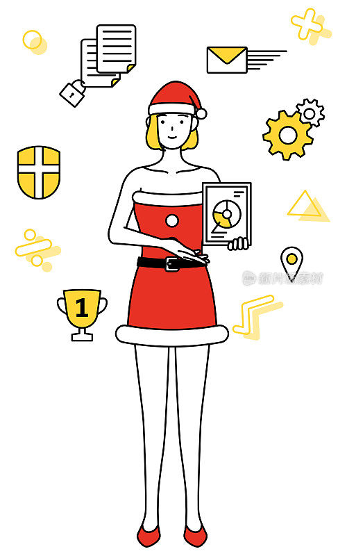 DXing的形象，简单的线条插画，一个女人打扮成圣诞老人使用数字技术来改善她的业务