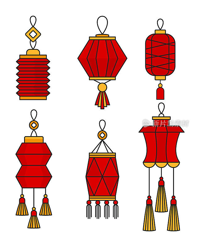中国红灯笼套装。挂纸灯。中国新年。