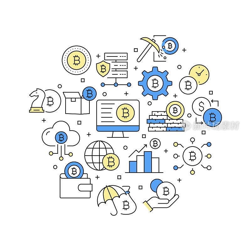 加密货币相关矢量横幅设计概念，现代线条风格与图标