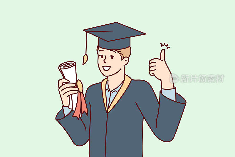 毕业生穿着学士服，戴着学士帽，拿着毕业证，竖起大拇指。矢量图
