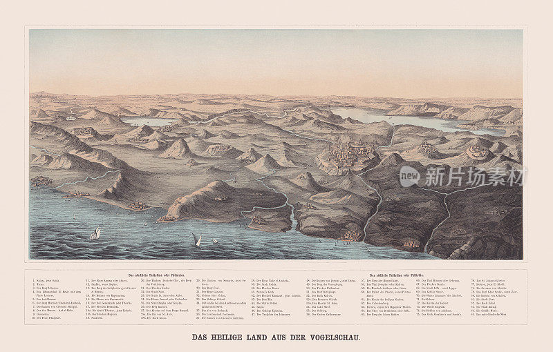 巴勒斯坦鸟瞰图，彩色印刷，1858年出版