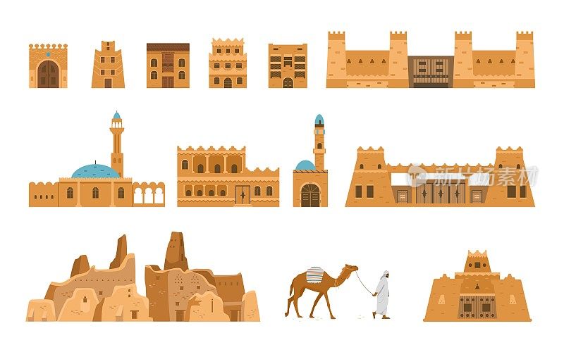 沙特阿拉伯正宗的建筑矢量插图集。传统的古阿拉伯房屋，村庄，大门，清真寺，有骆驼的贝都因。