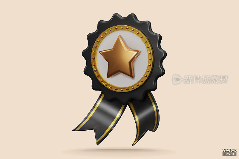 3D质量保证了一枚带有星星和缎带的奖牌。黑色徽章保修图标隔离在米色背景上。逼真的图形证书徽章图标，奖励徽章。三维矢量插图。
