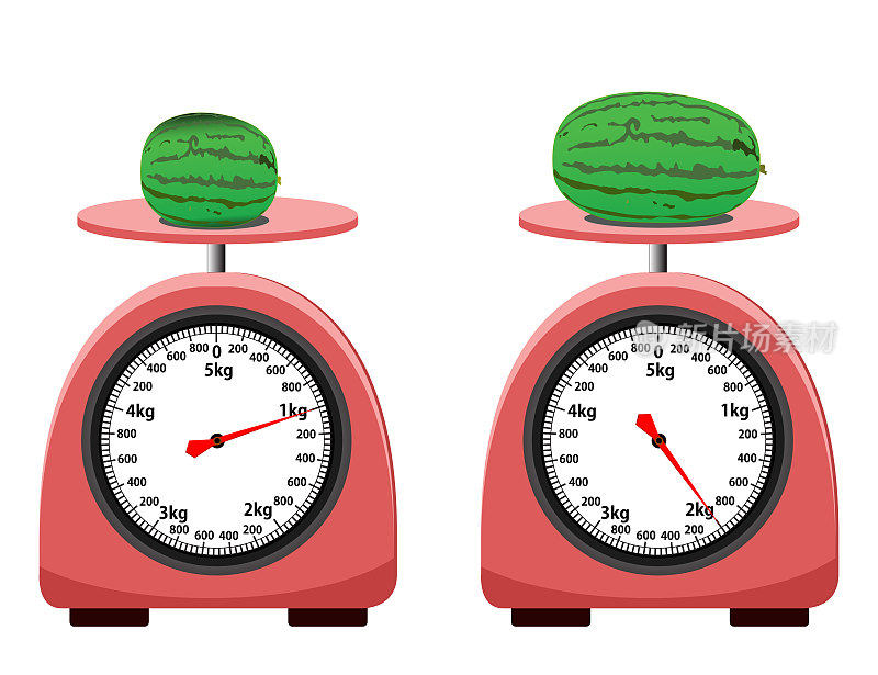 模拟的规模。西瓜大小分1kg和2kg称重秤。孤立在白色背景上。简单的厨房秤。矢量插图。测量模拟规模的剪贴画。