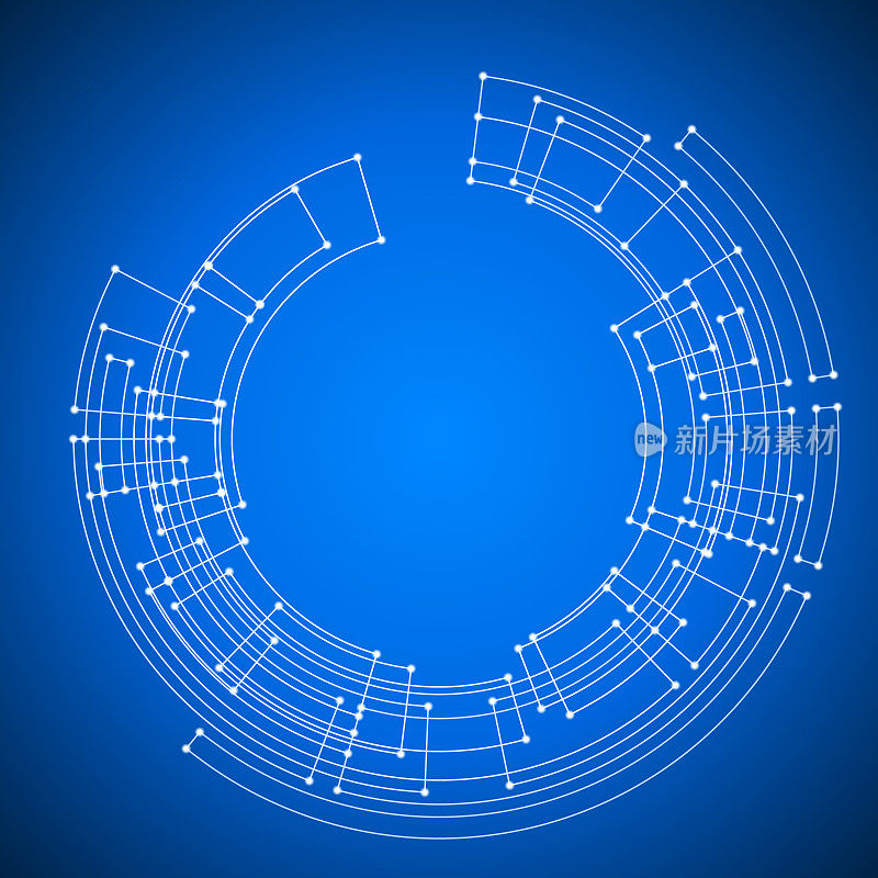 蓝图风格的抽象圆形电子背景图案。发光的连接点。