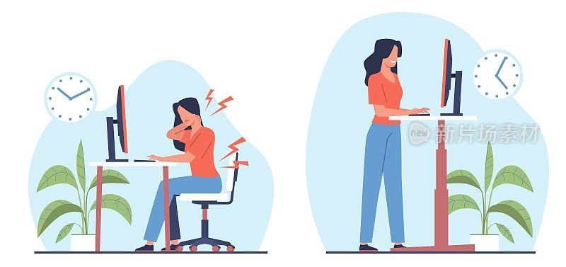 女性在办公室工作，坐在电脑前或站着使用站立式办公桌。在家或办公室工作。人体工学工作台，健康工作站。卡通平面风格孤立矢量概念