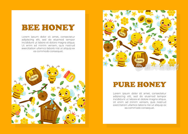 可爱的蜜蜂设计与繁忙的昆虫和天然甜食矢量模板