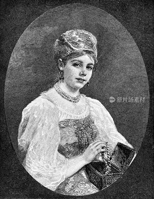 手持首饰盒的年轻女子画像，康斯坦丁・马可夫斯基画，19世纪