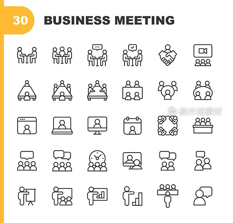 商务会议线路图标。可编辑的中风。像素完美。移动和Web。包含商务男士，商务女士，领导力，办公室，沟通，合作，网络，商务会议，演示，聊天等图标。