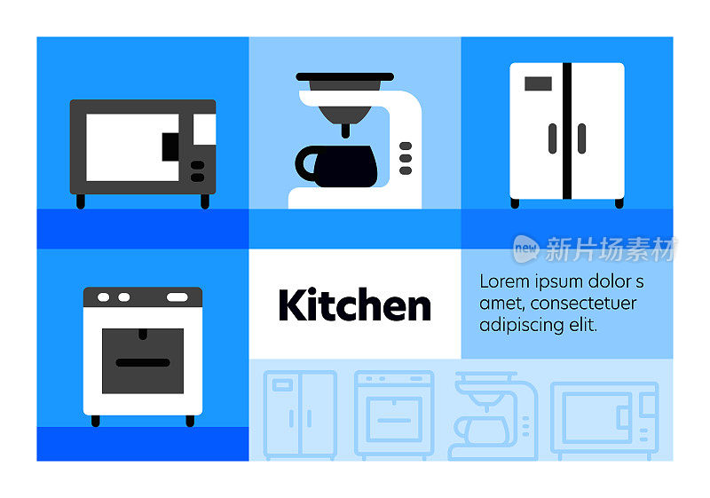厨房线图标集和横幅设计。