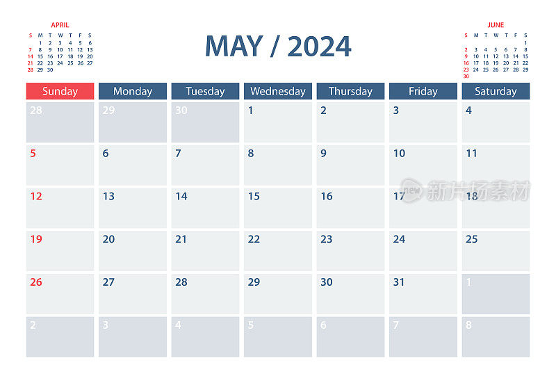 2024年5月日历规划矢量模板。一周从周日开始