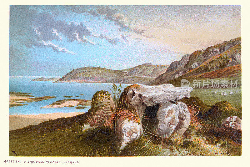 罗泽尔湾和德鲁伊教遗迹，泽西岛，海峡群岛，新石器时代的石头，19世纪维多利亚时代的景观艺术