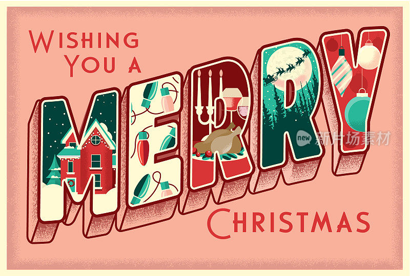 祝你圣诞快乐的问候设计在复古明信片3D字体风格与详细的冬季假期场景在每一封信