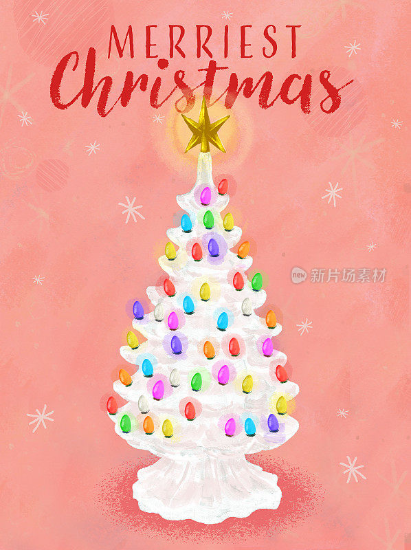 最快乐的圣诞贺卡栅格插图与复古陶瓷圣诞树与灯