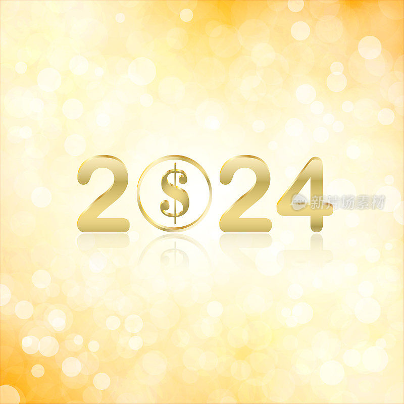 金属金棕色文字2024在闪亮的米色或金色节日发光闪闪发光的方形形状新年快乐矢量背景贺卡，海报，背景和横幅