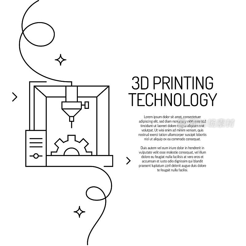 3D打印机图标的连续线条绘制。手绘符号矢量插图。