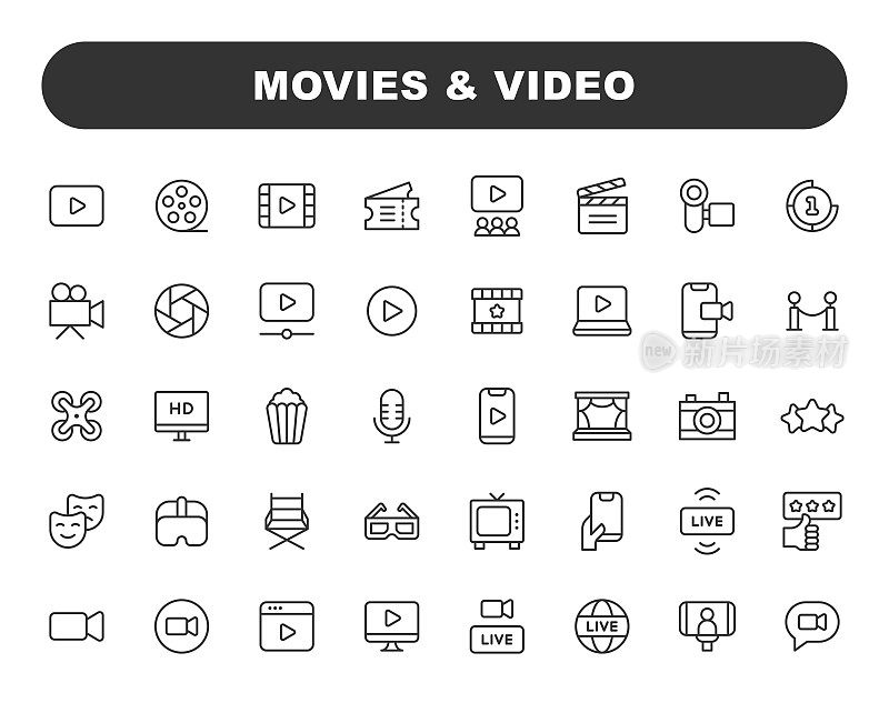 视频和电影线图标。可编辑的中风。包含这样的图标，视频播放器，电影，相机，电影院，虚拟现实，剧院，导演，电视。