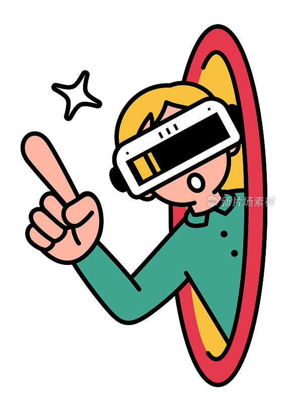 一个戴着虚拟现实耳机或虚拟现实眼镜的男孩从虚拟洞里跳出来，进入虚拟世界，用食指向上指