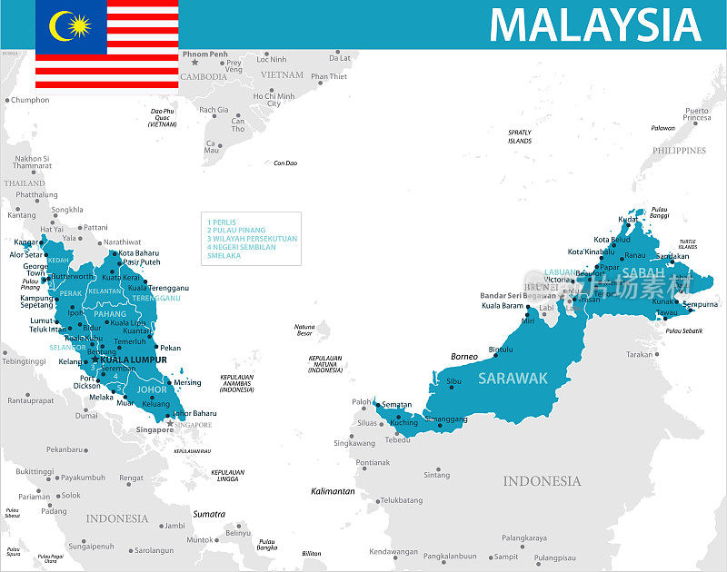 马来西亚地图-矢量插图